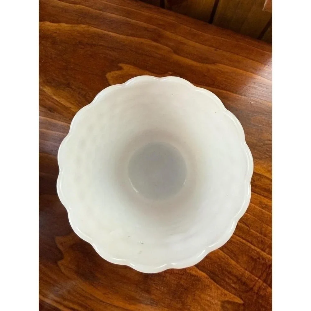 Vintage Fire-King Milk Glass Hobnail Planter Scalloped Rim White Bowl Made inUSA